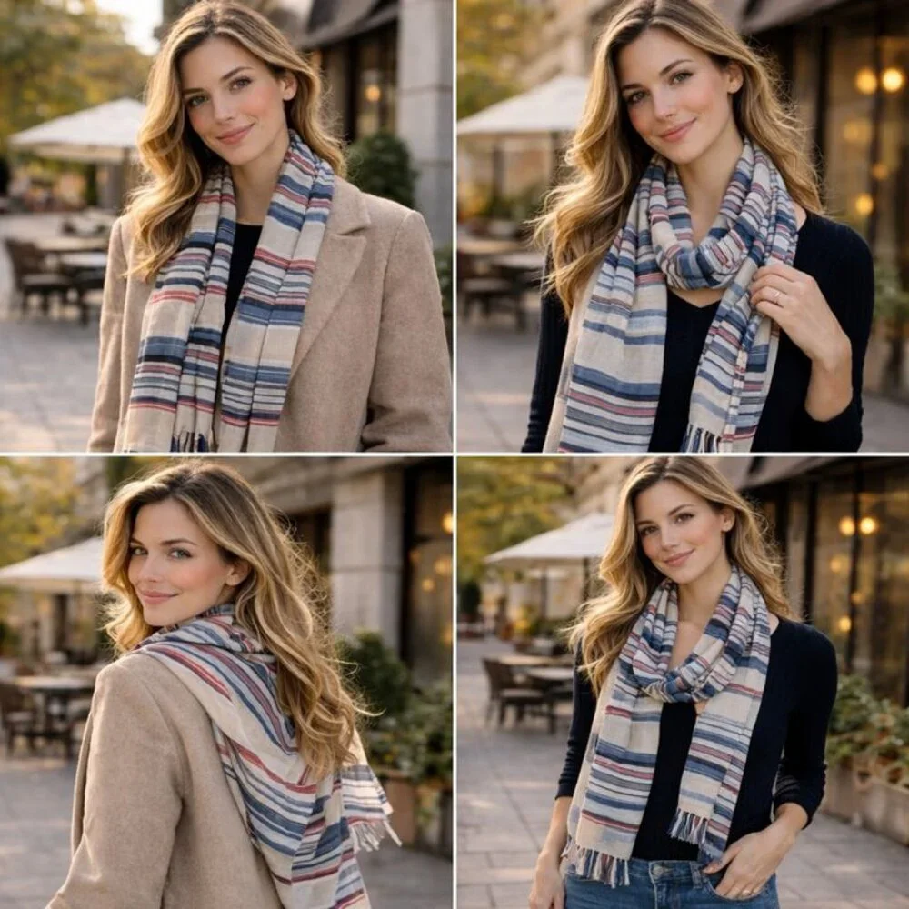 Timeless Neutral Stripe Scarf Wrap — Classic Everyday Luxury
